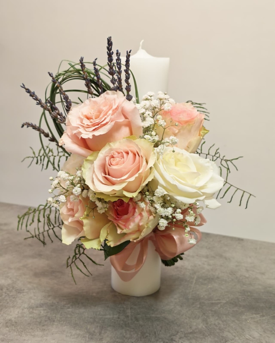 Lumânare cununie cu trandafiri albi — e-flower București